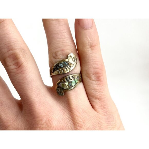 Abalone Sterling Silver Parrot Figural Mexican Adjustable Vintage Ring - sz 5 - Picture 7 of 10